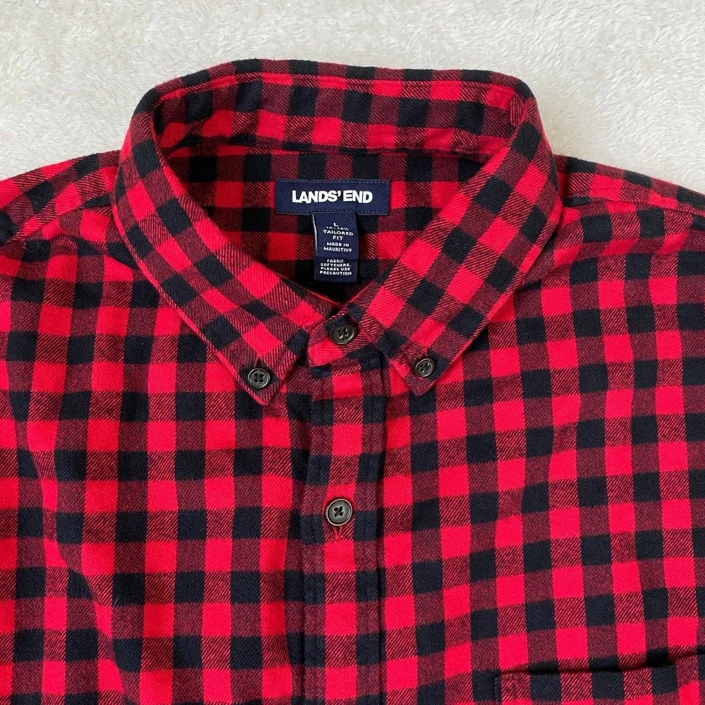 Lands End Flannel Shirt Mens L Red Black Buffalo Plaid 100% Cotton Tailored Fit